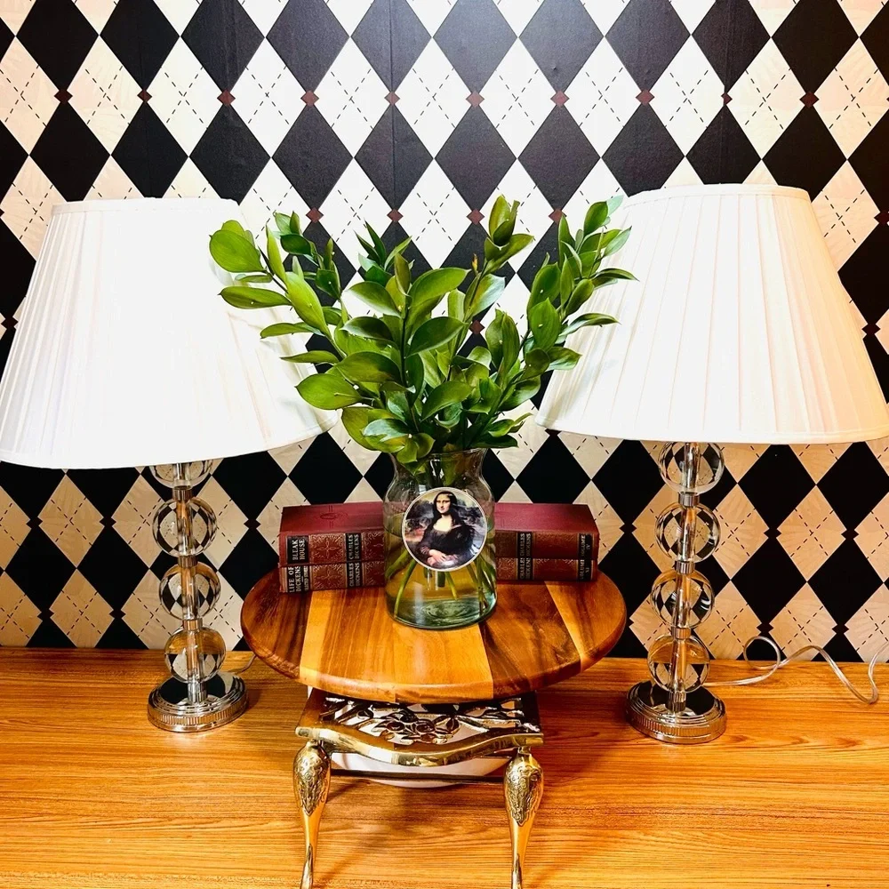 Ralph Lauren Pair‎ Table Lamps Crystal Balls Farrah– Silver Base Elegance Luxury